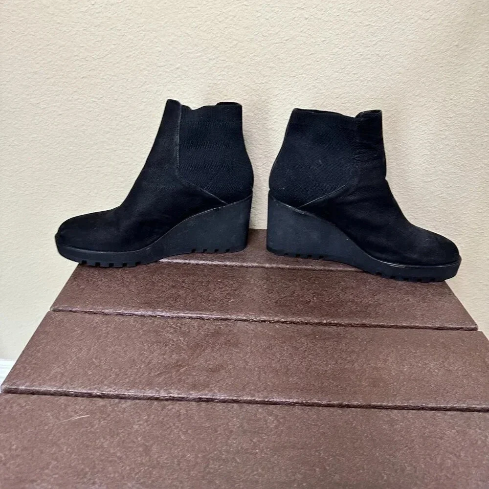EILEEN FISHER Stretch Side Black Suede Wedge Booties - 8.5